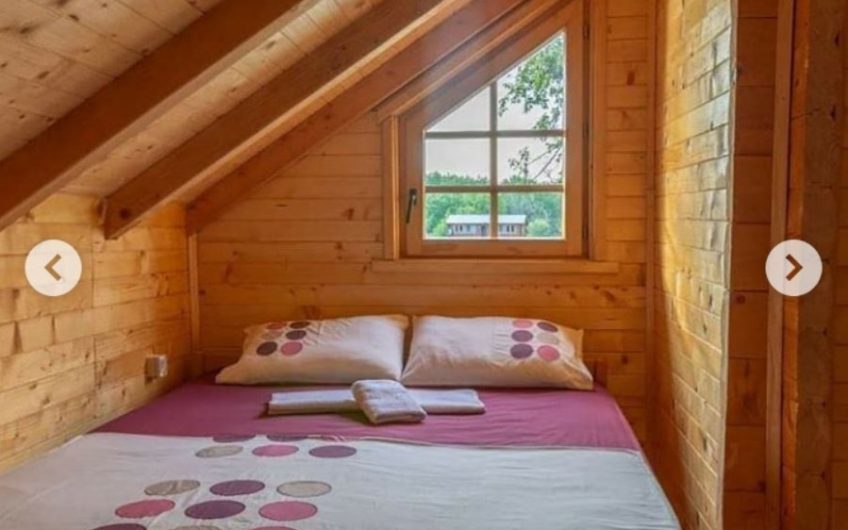 Two-storey wooden house with large terrace on riverbank in Ada Bojana