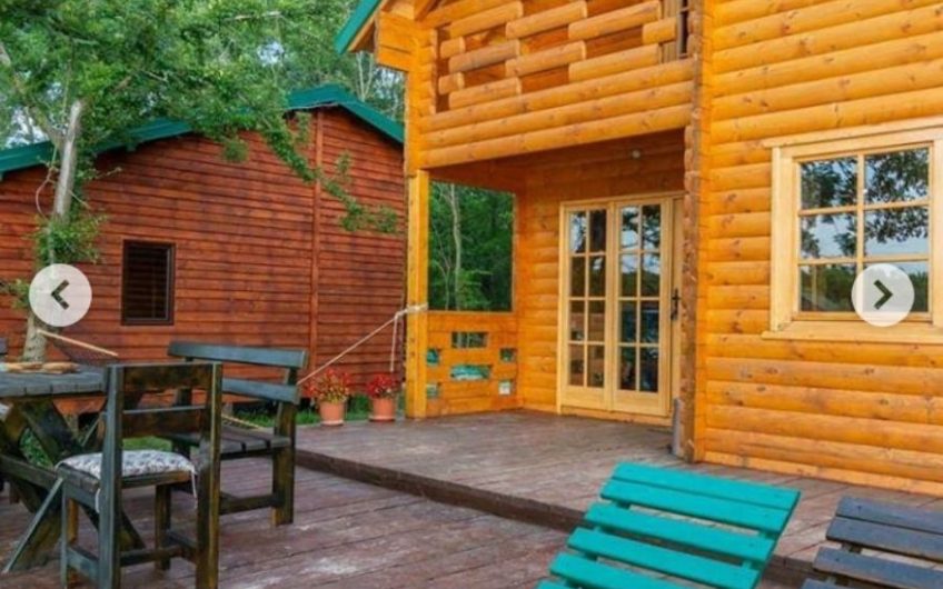 Two-storey wooden house with large terrace on riverbank in Ada Bojana